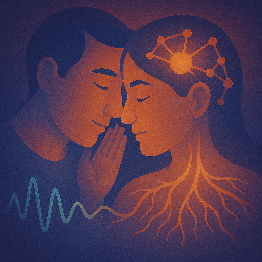 Two connected figures with glowing link